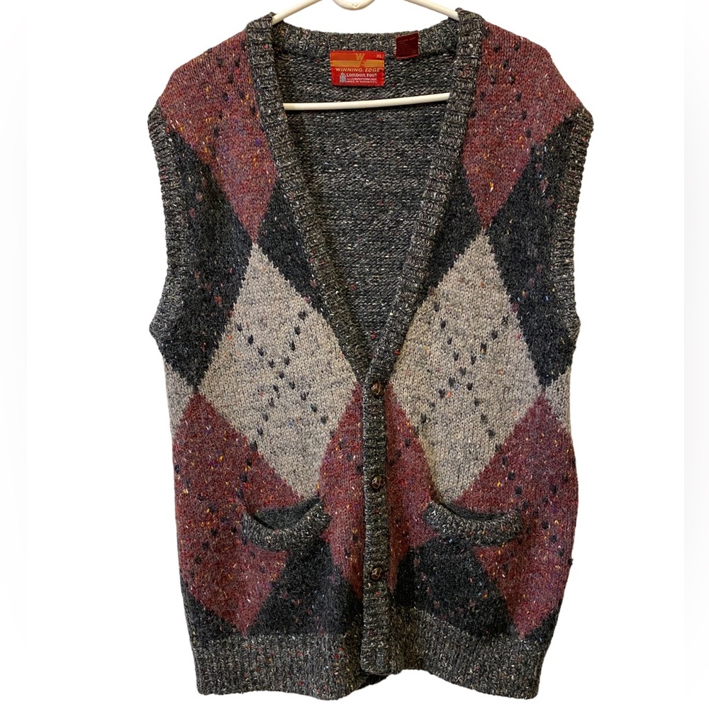 London Fog Argyle Wool Blend Vest Red Gray and Black Button Up Size XL
